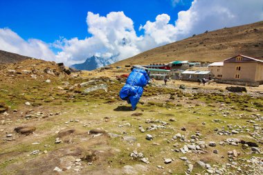 Sherpa Porter carrying a heavy load on the Everest base camp trek trails towards Lobuche village,Nepal clipart