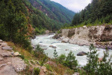 Khumbu ve Cho Oyu buzullarından doğan Dudh Kosi nehrinin manzaralı manzarası burada, Nepal, Lukla yakınlarındaki Everest Ana Kampı 'nda manzaralı bir vadide görülüyor.