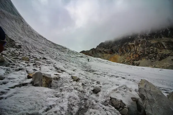 Cho La 'nın eteğindeki buzullar Cholatse Dağı' nın eteklerinde 5400 metre yükseklikte Khumbu Vadisi 'ndeki Dzonghla köyüne doğru ilerliyorlar.