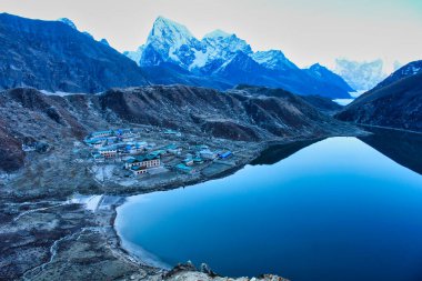 The Sheet glass like calm surface of the Gokyo lake along with the village of Gokyo and the himalayan peaks of Cholatse,Taboche and Kangtega present a portrait like himalayan scene clipart