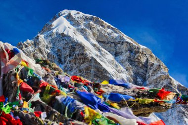 Pumori Dağı 7163 metre yüksekliğindeki Kala patika tepesinin tepesinde sabah güneşinde parlak bir şekilde aydınlandı. Gorakshep, Nepal yakınlarındaki dua bayraklarıyla.