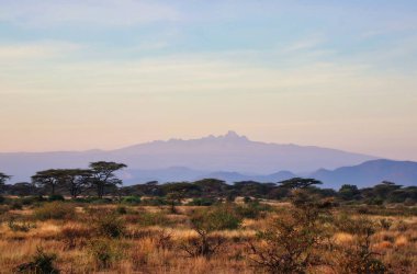 Kenya 'nın en yüksek dağı olan Kenya Dağı 5199 metredeki Kenya' daki Buffalo Springs rezervindeki geniş Samburu bölgesinde görüldüğü gibi ufka hakim.