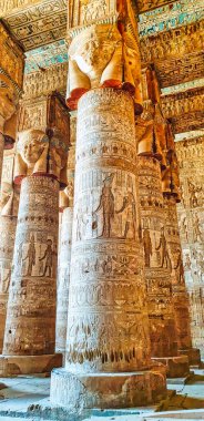 The Great Hypostyle hall with soaring columns topped by carvings of Hathor in the Temple of Hathor at Dendera completed in the Ptolemaic era around 50 BC between Luxor and Abydos towns,Egypt clipart