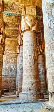 The Great Hypostyle hall with 18 columns topped by four-faced carvings of Hathor in the Temple of Hathor at Dendera completed in the Ptolemaic era around 50 BC between Luxor and Abydos towns,Egypt clipart