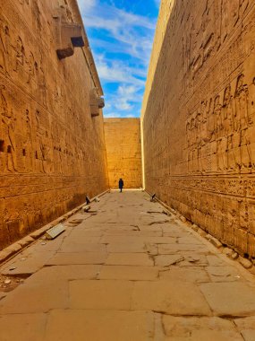 Bir ziyaretçi, MÖ 237 ile MÖ 57 yılları arasında Mısır 'ın Aswan kenti yakınlarında inşa edilen Edfu' daki Horus Tapınağı 'nın karmaşık kumtaşı duvarlarındaki levrek kabartmalarına hayran.