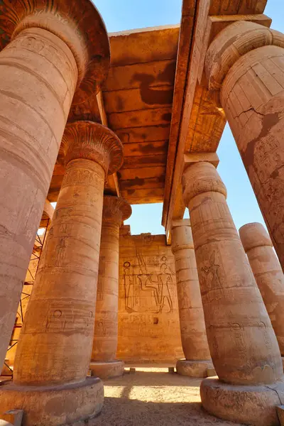 stock image Wall relief of Ramesses II receiving blessings from Amun and Ptah at the end of the main hypostyle gallery  at the Ramesseum, the Mortuary Temple of Pharoah Ramesses II the Great at Luxor, Egypt