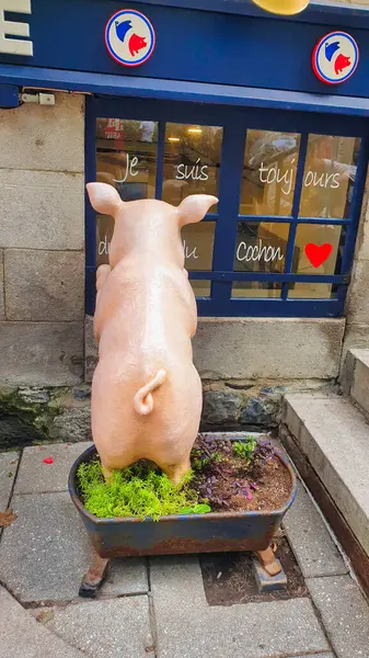 Quebec 'in Quebec şehrindeki Quebec şehrindeki Rue du Petit Champlain' deki Cochon Dingue restoranına bakan sevimli bir Pembe Domuz heykeli.