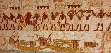 Userhat 'ın Abydos' a düzenlediği cenaze alayı, Userhat 'ın bu güzel kabartma kabristanında, TT56, Amenhotep II' nin kraliyet yazıcısı, Mısır 'daki Soylular, Luxor Mezarlığı' nda, köleler ve teknelerle birlikte sunulan bu güzel kabristan.