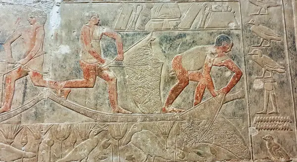 stock image Beautiful wall relief scenes of everyday life with men fishing in the Nile and water birds feasting inside the mastaba Tomb of Merurka,Grand Vizier to Pharoah Teti,6th dynasty in Saqqara,Cairo,Egypt