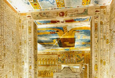 Richly decorated inner chamber with reliefs depicting the litany of ra and book of dead in the Tomb of Ramesses IV,KV2, in the Valley of Kings,Luxor,Egypt clipart