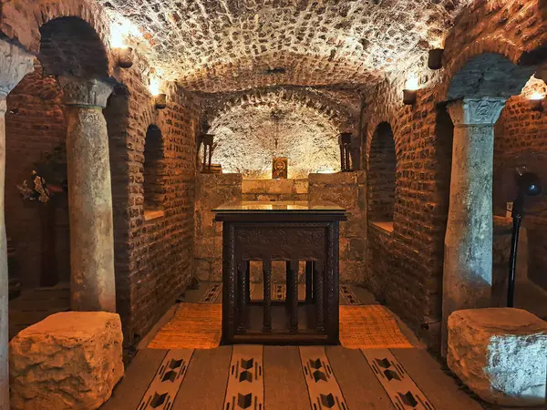 stock image An Altar inside the crypt where Joseph,Mary and the Infant Jesus rested as per tradition at the Saints Sergius and Bacchus Church or Abu Serga Church,the oldest coptic christian church in Cairo,Egypt