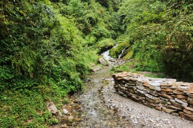 A trail along the lower himalayan ranges winds its way  towards the village of Pangom,near Lukla, on route to the  Base camp of Mera Peak,a 6476 meter high peak in the Khumbu Himalayas,Nepal clipart