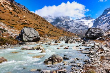 Ice cold waters of the Hinku river flowing through the glacial valleys at the foot of Mera Peak on route to Base camp of Mera Peak,a 6476 meter high peak in the Khumbu Himalayas,Nepal clipart