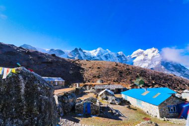 Mera Peak - View of North Summit,6476 meters on right and Central summit,6461 meters on left towering over the lodges in Khare village seen on a bright October morning in Himalayas,Nepal clipart