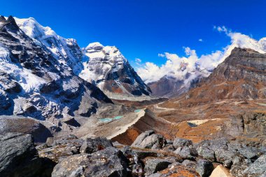 Panoramic view of the Hinku valley with Mera peak range on the left and Kusum Kanguru,Kyashar peaks on right side of the frame on route to Base camp of Mera Peak,Himalayas,Nepal clipart