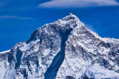 Majestic Mount Makalu,8485 m,5th highest mountain in the world,south west face and west pillar with wispy jet streams over the summit from the Mera Peak summit,6461 m,Mera Peak expedition,Nepal clipart