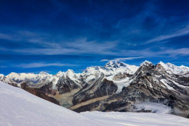 Everest, 8848 metre ve Cho Oyu, Mera Tepesi 'nin zirvesinden 8201 metre genişliğinde manzara manzarası, 6461 metre, Mera Tepesi, Nepal