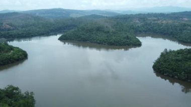 Brezilya 'da korunan bir parkta temiz su bulunan bir gölün 4K hava görüntüsü