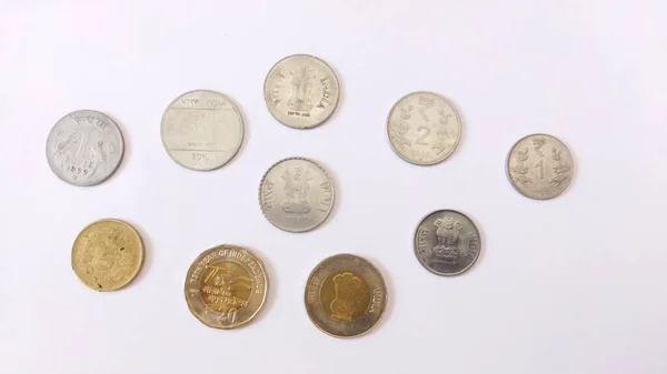 Všechny Indické Mince Jednom Rámečku Ariel Pohled Indické Mince Bílém — Stock fotografie