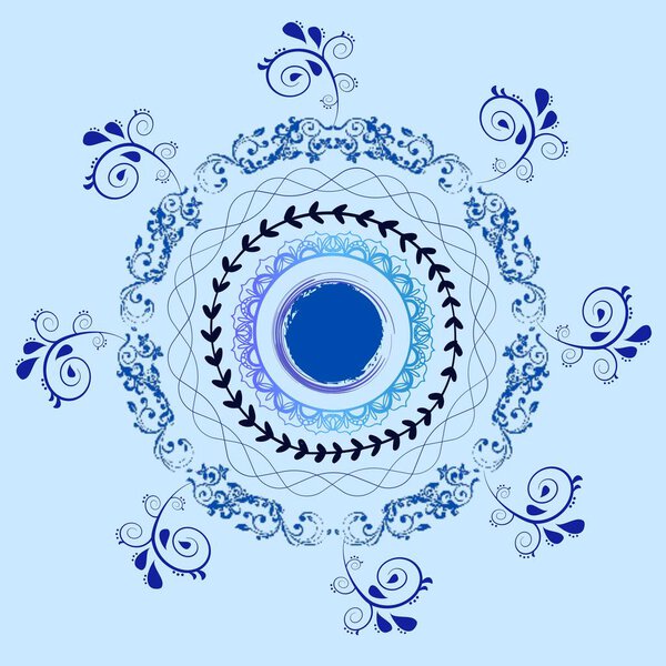 Beautiful rangoli in blue colour. Azure colour background. Diwali festival rangoli art. Rangoli design idea
