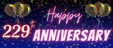 229. yıldönümü yazı ve numarası. Konfeti ve balon zarif mavi gradyan arkaplanda izole edilmiş, ışıltı, tebrik kartı tasarımı, baskı. 229. Yıl dönümü