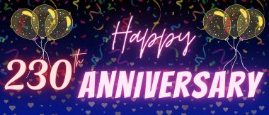 230. yıl dönümü yazı ve numarası. Konfeti ve balon zarif mavi gradyan arkaplanda izole edilmiş, ışıltı, tebrik kartı tasarımı, baskı. İki yüz otuz yıldönümü.