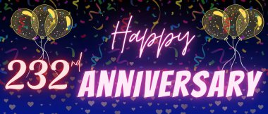 232. yıl dönümü yazı ve numarası. Konfeti ve balon zarif mavi gradyan arkaplanda izole edilmiş, ışıltı, tebrik kartı tasarımı, baskı. 232. Yıl dönümü