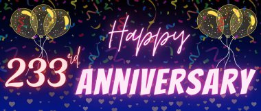 233. yıl dönümü yazı ve numarası. Konfeti ve balon zarif mavi gradyan arkaplanda izole edilmiş, ışıltı, tebrik kartı tasarımı, baskı. 233. Yıl dönümü.