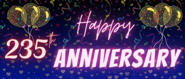 235. yıl dönümü yazı ve numarası. Konfeti ve balon zarif mavi gradyan arkaplanda izole edilmiş, ışıltı, tebrik kartı tasarımı, baskı. 235 yıl dönümü.