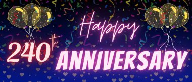 240. yıl dönümü yazı ve numarası. Konfeti ve balon zarif mavi gradyan arkaplanda izole edilmiş, ışıltı, tebrik kartı tasarımı, baskı. 240. yıldönümü