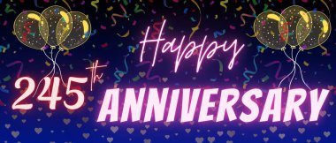 245. yıl dönümü yazı ve numarası. Konfeti ve balon zarif mavi gradyan arkaplanda izole edilmiş, ışıltı, tebrik kartı tasarımı, baskı. 245. Yıl dönümü