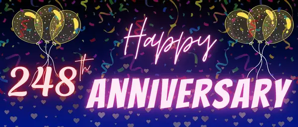 248. yıldönümü yazı ve numarası. Konfeti ve balon zarif mavi gradyan arkaplanda izole edilmiş, ışıltı, tebrik kartı tasarımı, baskı. 248. Yıl dönümü