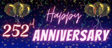 252. yıl dönümü yazı ve numarası. Konfeti ve balon zarif mavi gradyan arkaplanda izole edilmiş, ışıltı, tebrik kartı tasarımı, baskı. İki yüz elli ikinci yıl dönümü.