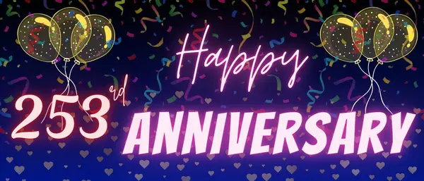253. yıl dönümü yazı ve numarası. Konfeti ve balon zarif mavi gradyan arkaplanda izole edilmiş, ışıltı, tebrik kartı tasarımı, baskı. İki yüz elli üçüncü yıl dönümü.