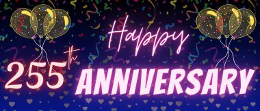 255. yıl dönümü yazı ve numarası. Konfeti ve balon zarif mavi gradyan arkaplanda izole edilmiş, ışıltı, tebrik kartı tasarımı, baskı. 255. yıldönümü.