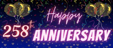 258. yıl dönümü yazı ve numarası. Konfeti ve balon zarif mavi gradyan arkaplanda izole edilmiş, ışıltı, tebrik kartı tasarımı, baskı. 258. Yıl dönümü