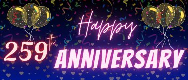 259. yıl dönümü yazı ve numarası. Konfeti ve balon zarif mavi gradyan arkaplanda izole edilmiş, ışıltı, tebrik kartı tasarımı, baskı. 259. Yıl dönümü