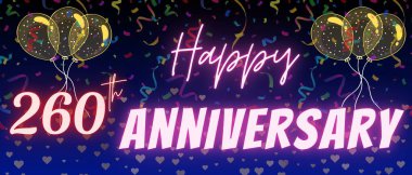 260. yıl dönümü yazı ve numarası. Konfeti ve balon zarif mavi gradyan arkaplanda izole edilmiş, ışıltı, tebrik kartı tasarımı, baskı. İki yüz altmış yıldönümü.