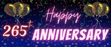 265. yıl dönümü yazı ve numarası. Konfeti ve balon zarif mavi gradyan arkaplanda izole edilmiş, ışıltı, tebrik kartı tasarımı, baskı. 265. Yıl dönümü.