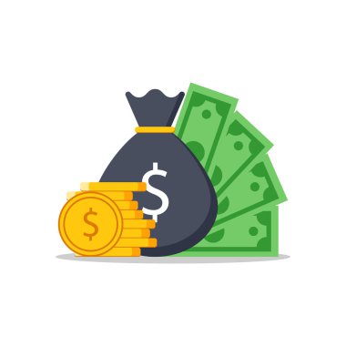 Para çantası gibi para, bozuk para ve banknot yığını.