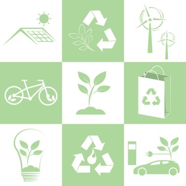 Güneş, geri dönüşüm, rüzgar enerjisi, bisiklet, ağaç, kağıt torba, enerji tasarruflu lamba, su geri dönüşümü ve elektrikli araba kullanan çevre dostu ikonlar.