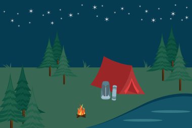 Gece vakti göl, çadır, sırt çantası ve uyku tulumuyla doğa geçmişi olan açık hava kamp sahnesi..