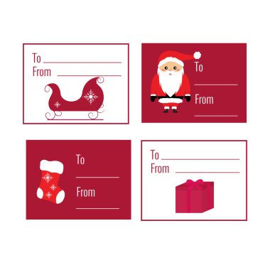 Noel hediye etiketleri. Noel Baba 'yla etiketler, Noel çorapları, hediye ve kızak. Hediyeler için Noel vektör tasarımına gidiş geliş.
