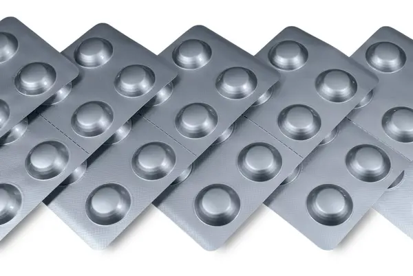 Błyszczące Blistry Tabletkami Ułożonymi Rzędzie Leki Opieka Zdrowotna Koncepcja Farmaceutyczna — Zdjęcie stockowe