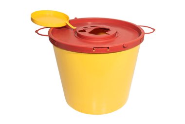 Tıbbi atıkları ve sivri aletleri atmak için geniş kapasiteli özel plastik konteynır. Tıbbi ekipman ve aletler