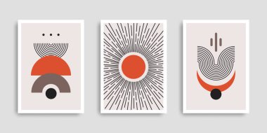 Minimalist duvar sanatı seti. Geometrik şekilli çağdaş posterler. Ev dekorasyonu için pastel renkli duvar baskıları. Vektör çizimi. Yazdırma posteri için tasarım, kapak.