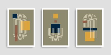 Geometrik şekilli soyut çağdaş posterler. Kapak koleksiyonu. Modern boho minimalist sanat. Vektör çizimi. Baskı posteri, kapak, duvar kağıdı için tasarım. Stok.