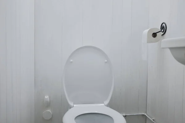白いトイレ トイレ トイレットペーパーとシンク きれいな組成物 — ストック写真