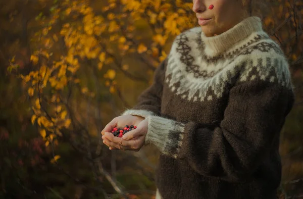 Mujer Caucásica Suéter Punto Con Puñado Arándanos Recién Recogidos Bosque —  Fotos de Stock