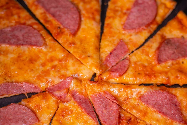 Baked Pizza Students Salami Sausage Cheese Cut Slices — Stock Photo, Image